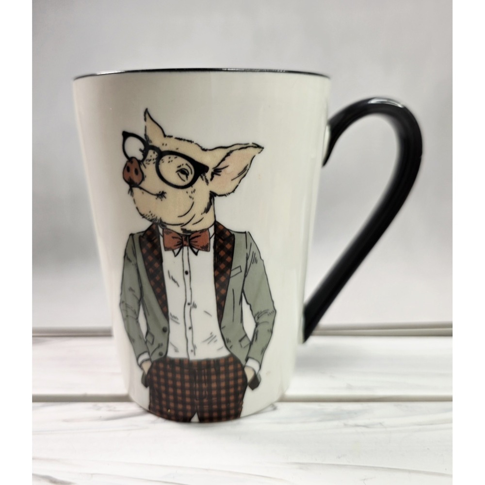 Signature Housewares Hipster Pig Animal Coffee Mug Cup 16.5 Oz Stoneware